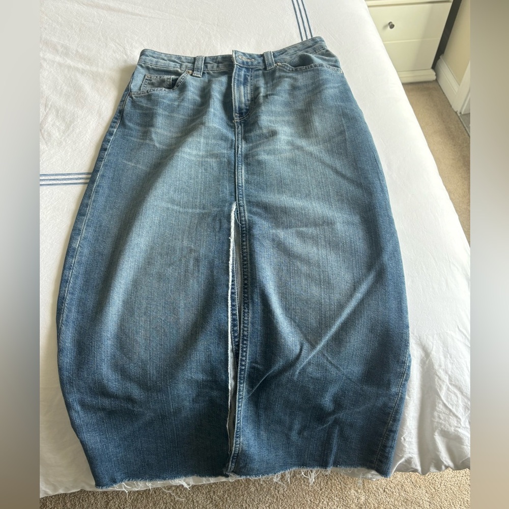Long denim skirt with front slit